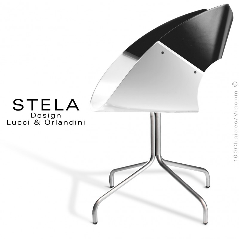 Chaise design coque STELA assise blanche et dossier noir peint, piétement acier 4 branches peint argent