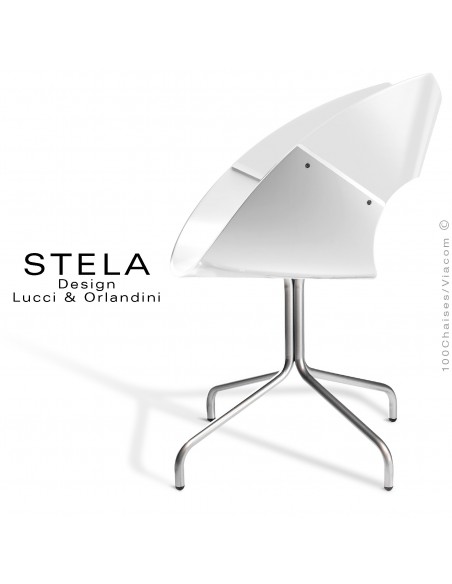 Chaise design coque STELA assise et dossier peint blanc, piétement acier 4 branches peint argent