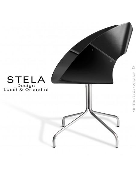 Chaise design coque STELA assise et dossier peint noir, piétement acier 4 branches peint argent