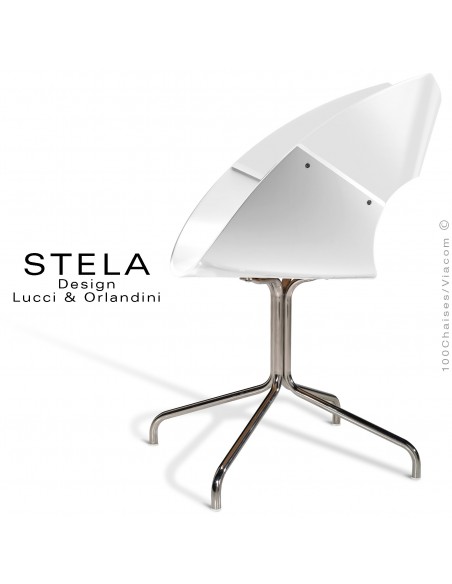 Chaise design coque STELA assise et dossier peint blanc, piétement acier 4 branches chromé