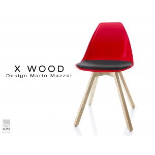 X-WOOD chaise design coque rouge et coussin noir piétement bois Naturel - lot de 4 chaises