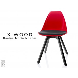 X-WOOD chaise design coque rouge et coussin noir piétement bois gris fer - lot de 4 chaises
