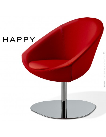 Petit fauteuil lounge pour salle d'attente ou hall d'accueil HAPPY, pied central chromé, assise garnie, habillage tissu rouge