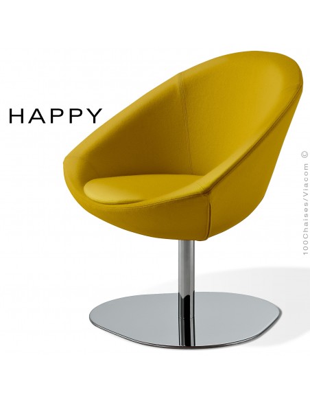 Petit fauteuil lounge pour salle d'attente ou hall d'accueil HAPPY, pied central chromé, assise garnie, habillage tissu jaune