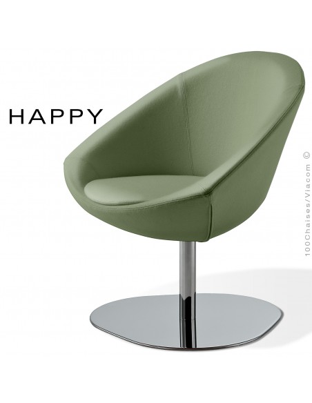 Petit fauteuil lounge pour salle d'attente ou hall d'accueil HAPPY, pied central chromé, assise garnie, habillage tissu vert