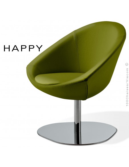 Petit fauteuil lounge pour salle d'attente ou hall d'accueil HAPPY, pied central chromé, assise garnie, habillage tissu vert