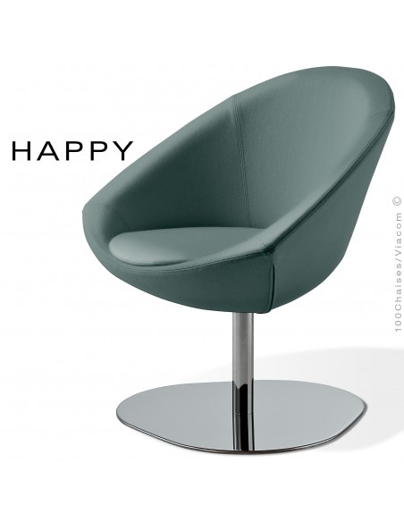 Petit fauteuil lounge pour salle d'attente ou hall d'accueil HAPPY, pied central chromé, assise habillage tissu vert-gris
