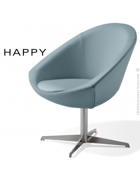 Petit fauteuil lounge pour salle d'attente ou hall d'accueil HAPPY, pied central chromé, assise garnie habillage tissu bleu
