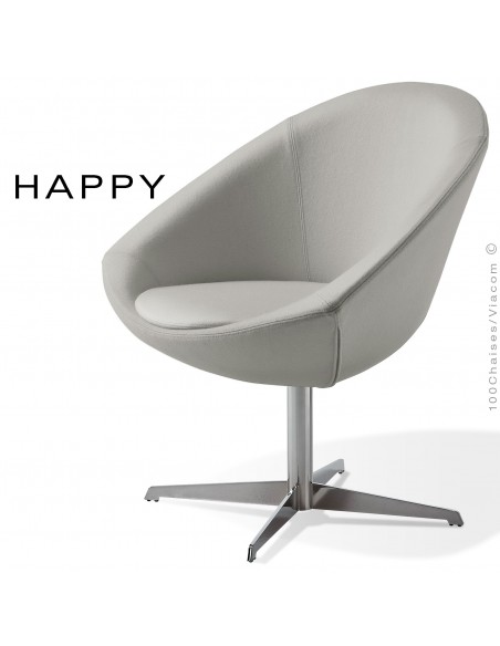 Petit fauteuil lounge pour salle d'attente ou hall d'accueil HAPPY, pied central chromé, assise garnie habillage tissu gris