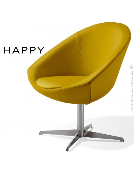 Petit fauteuil lounge pour salle d'attente ou hall d'accueil HAPPY, pied central chromé, assise garnie habillage tissu jaune