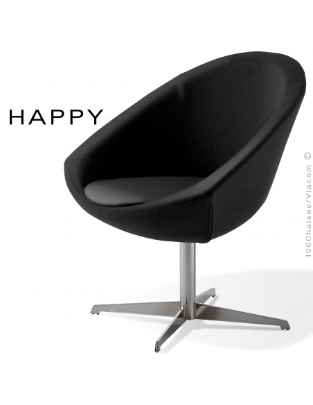 Petit fauteuil lounge pour salle d'attente ou hall d'accueil HAPPY, pied central chromé, assise garnie habillage tissu noir
