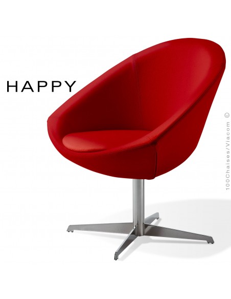 Petit fauteuil lounge pour salle d'attente ou hall d'accueil HAPPY, pied central chromé, assise garnie habillage tissu rouge