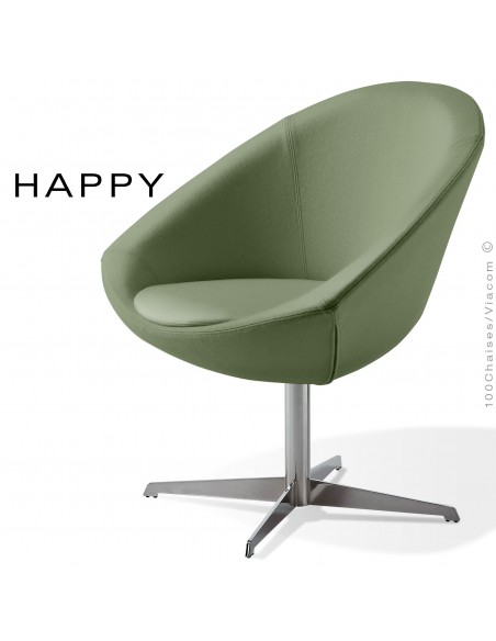 Petit fauteuil lounge pour salle d'attente ou hall d'accueil HAPPY, pied central chromé, assise garnie habillage tissu vert