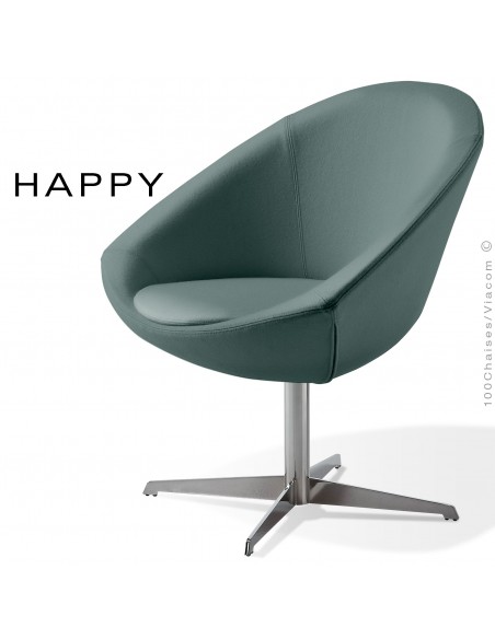 Petit fauteuil lounge pour salle d'attente ou hall d'accueil HAPPY, pied central chromé, assise garnie habillage tissu vert-gris
