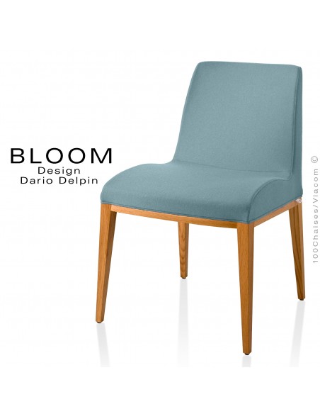 Chaise BLOOM, structure bois vernis naturel, assise et dossier garnis, habillage 100% laine, couleur bleu