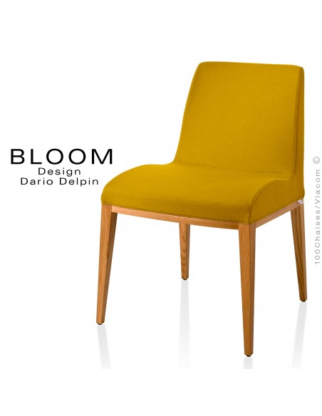 Chaise BLOOM, structure bois vernis naturel, assise et dossier garnis, habillage 100% laine, couleur jaune