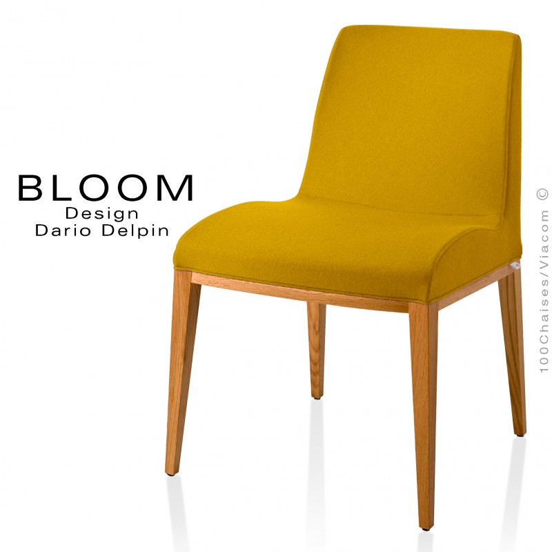 Chaise BLOOM, structure bois vernis naturel, assise et dossier garnis, habillage 100% laine, couleur jaune