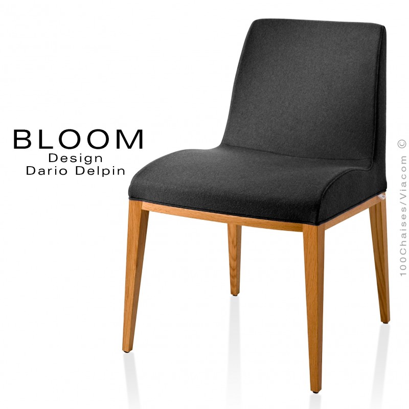 Chaise BLOOM, structure bois vernis naturel, assise et dossier garnis, habillage 100% laine, couleur noir