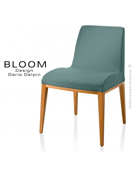 Chaise BLOOM, structure bois vernis naturel, assise et dossier garnis, habillage 100% laine, couleur vert-gris