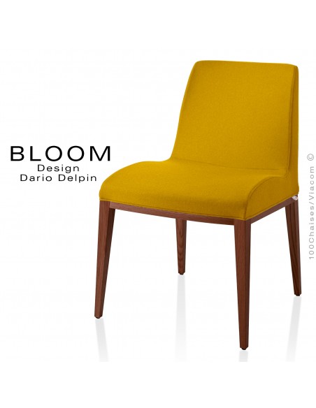 Chaise BLOOM, structure bois vernis noyer, assise et dossier garnis, habillage 100% laine, couleur jaune