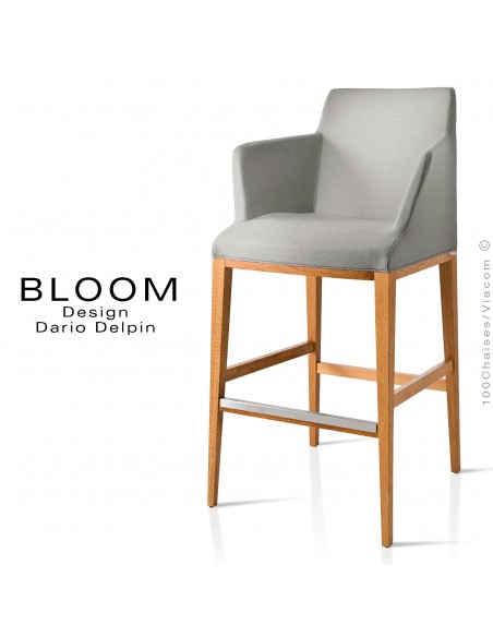 Tabouret de bar lounge BLOOM, structure bois vernis, assise et dossier garnis, habillage tissu gris
