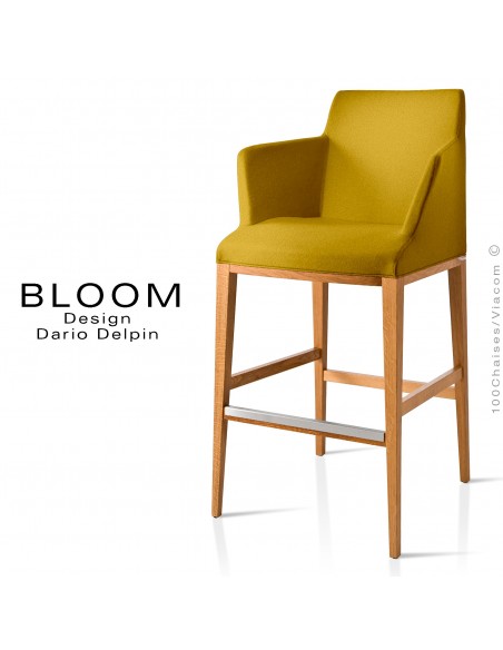 Tabouret de bar lounge BLOOM, structure bois vernis, assise et dossier garnis, habillage tissu jaune