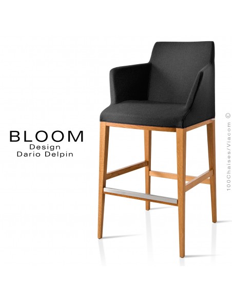 Tabouret de bar lounge BLOOM, structure bois vernis, assise et dossier garnis, habillage tissu noir