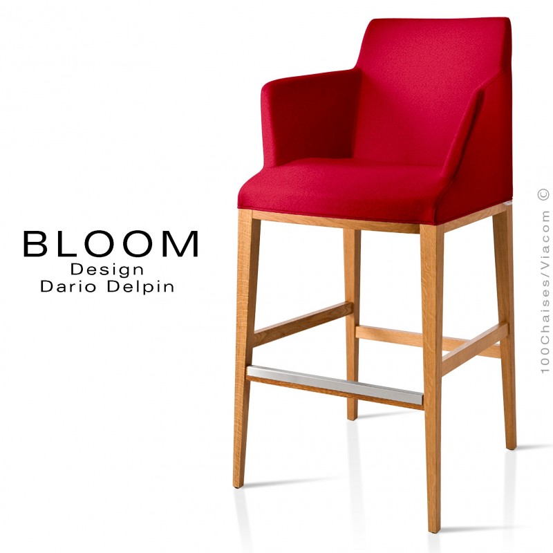 Tabouret de bar lounge BLOOM, structure bois vernis, assise et dossier garnis, habillage tissu rouge