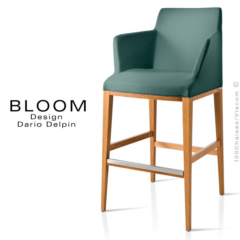 Tabouret de bar lounge BLOOM, structure bois vernis, assise et dossier garnis, habillage tissu vert-gris
