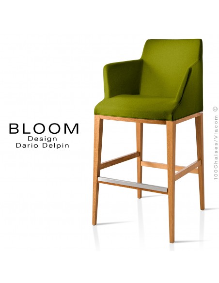Tabouret de bar lounge BLOOM, structure bois vernis, assise et dossier garnis, habillage tissu vert