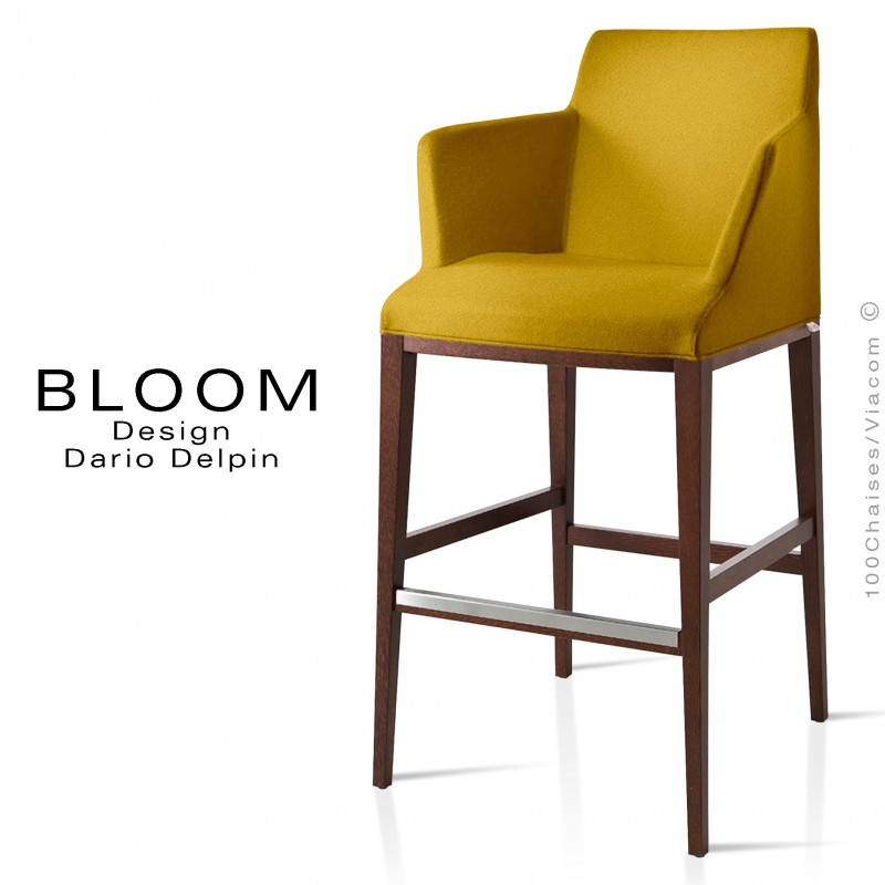 Tabouret de bar lounge BLOOM, structure bois noyer, assise et dossier garnis, habillage tissu jaune