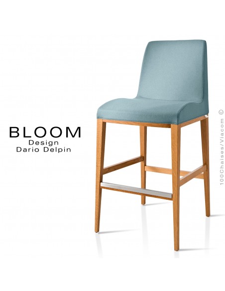 Tabouret de bar lounge BLOOM, structure bois vernis, assise et dossier garnis, habillage tissu bleu