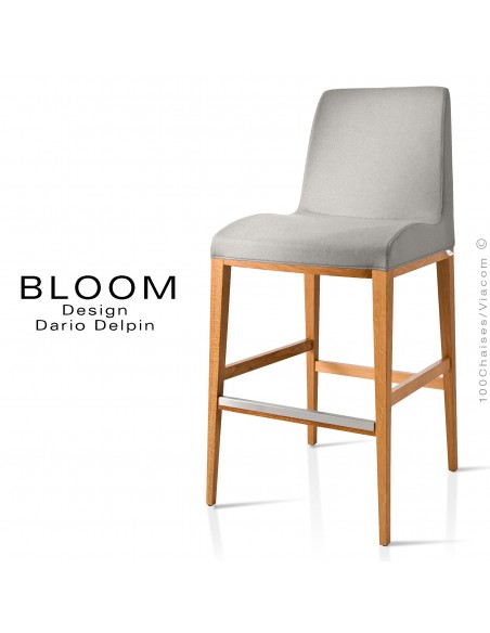 Tabouret de bar lounge BLOOM, structure bois vernis, assise et dossier garnis, habillage tissu gris