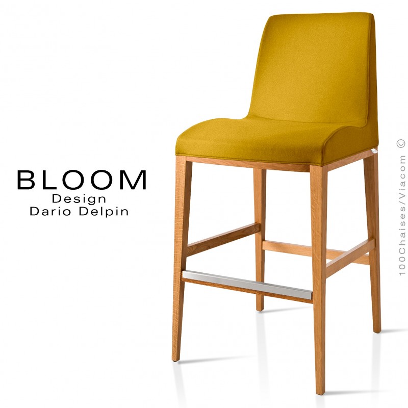 Tabouret de bar lounge BLOOM, structure bois vernis, assise et dossier garnis, habillage tissu jaune