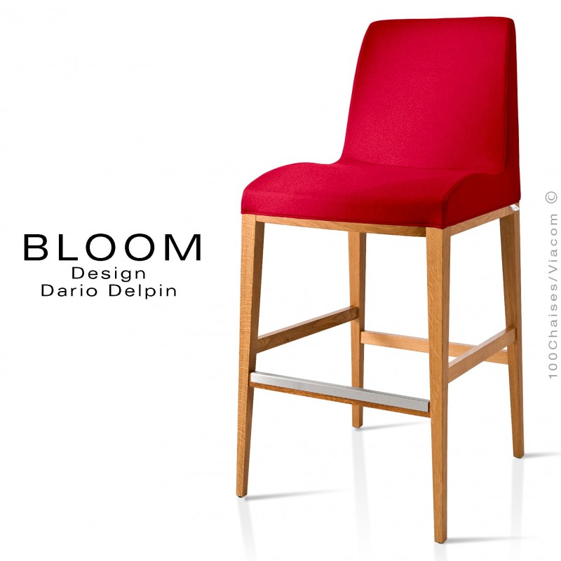 Tabouret de bar lounge BLOOM, structure bois vernis, assise et dossier garnis, habillage tissu rouge