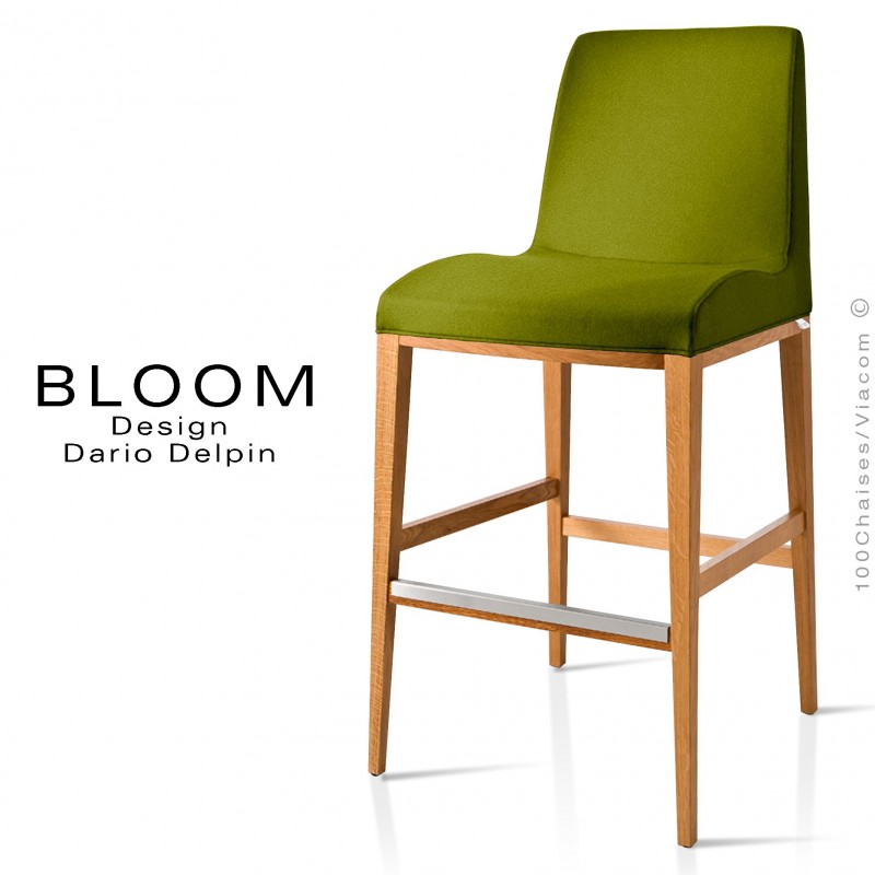 Tabouret de bar lounge BLOOM, structure bois vernis, assise et dossier garnis, habillage tissu vert