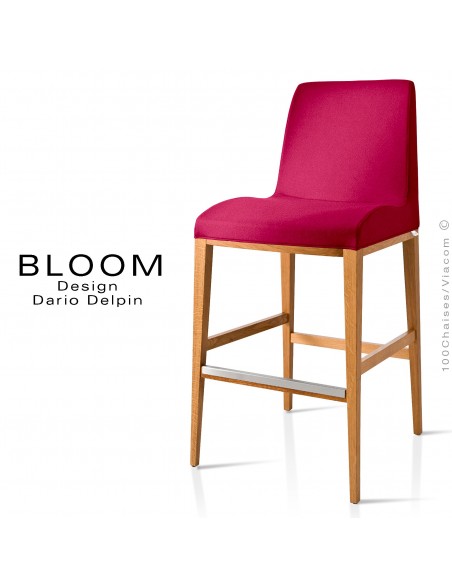 Tabouret de bar lounge BLOOM, structure bois vernis, assise et dossier garnis, habillage tissu vin