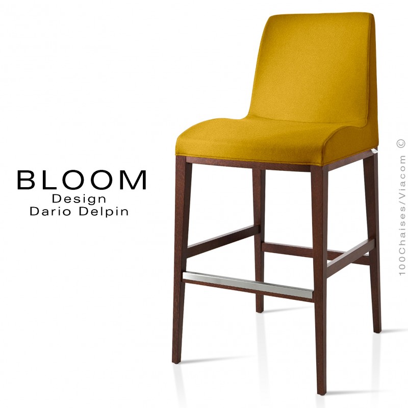 Tabouret de bar lounge BLOOM, structure bois noyer, assise et dossier garnis, habillage tissu jaune
