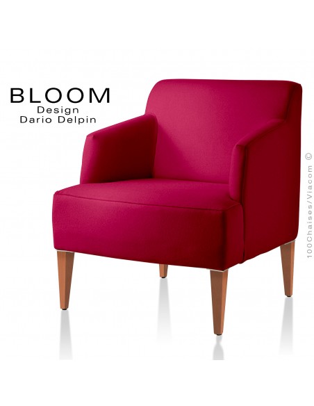 Fauteuil pour salon lounge BLOOM, structure bois vernis naturel, assise et dossier garnis, habillage 100% laine, couleur vert