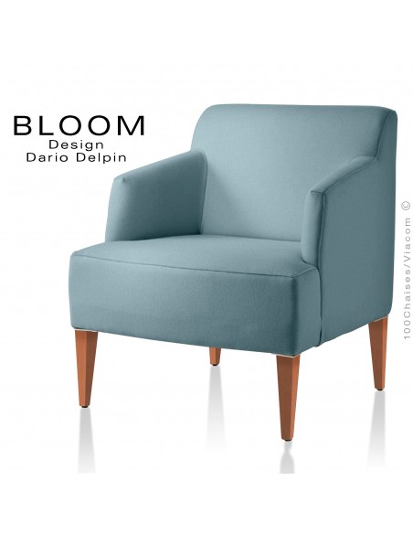 Fauteuil pour salon lounge BLOOM, structure bois vernis naturel, assise et dossier garnis, habillage 100% laine, couleur bleu