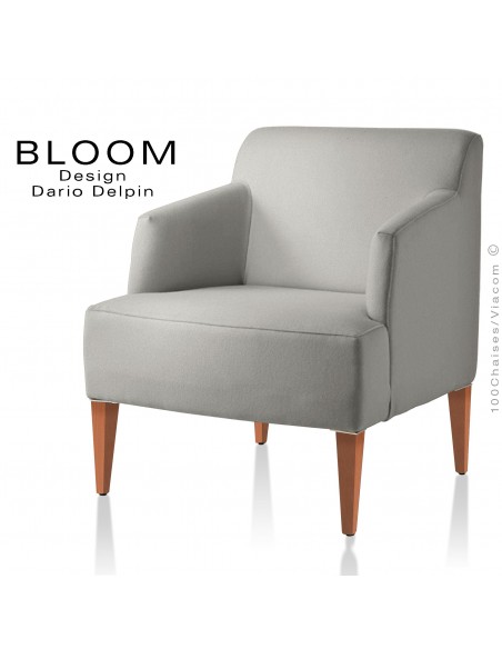 Fauteuil pour salon lounge BLOOM, structure bois vernis naturel, assise et dossier garnis, habillage 100% laine, couleur gris