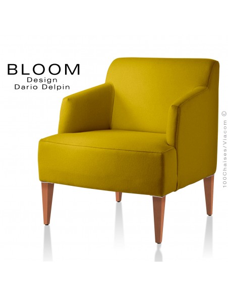 Fauteuil pour salon lounge BLOOM, structure bois vernis naturel, assise et dossier garnis, habillage 100% laine, couleur jaune