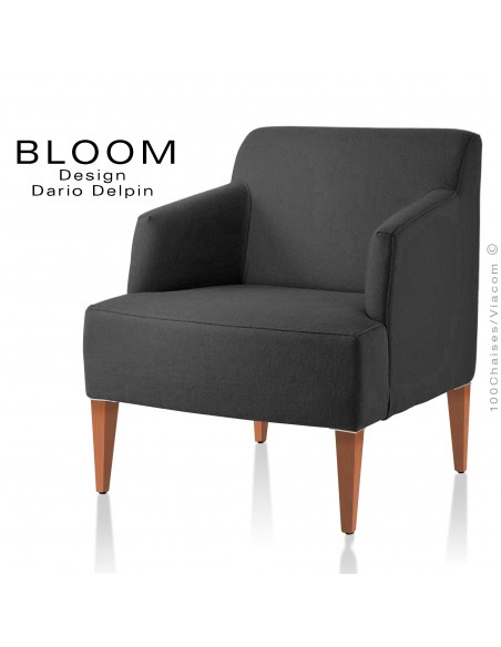 Fauteuil pour salon lounge BLOOM, structure bois vernis naturel, assise et dossier garnis, habillage 100% laine, couleur noir