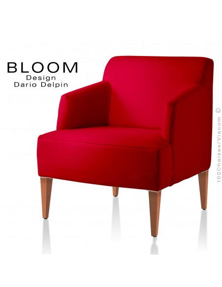 Fauteuil pour salon lounge BLOOM, structure bois vernis naturel, assise et dossier garnis, habillage 100% laine, couleur rouge