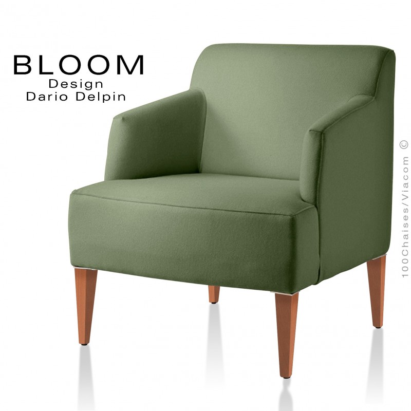 Fauteuil pour salon lounge BLOOM, structure bois vernis naturel, assise et dossier garnis, habillage 100% laine, couleur vert