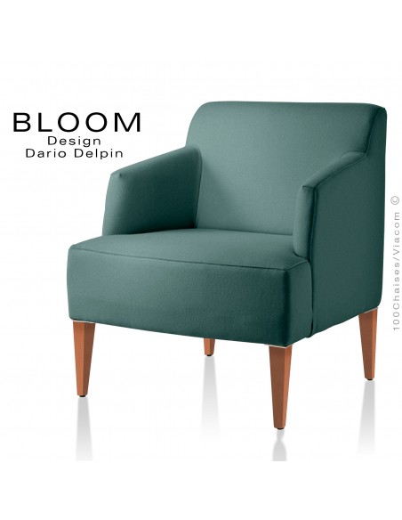 Fauteuil pour salon lounge BLOOM, structure bois vernis naturel, assise et dossier garnis, habillage 100% laine, vert-gris