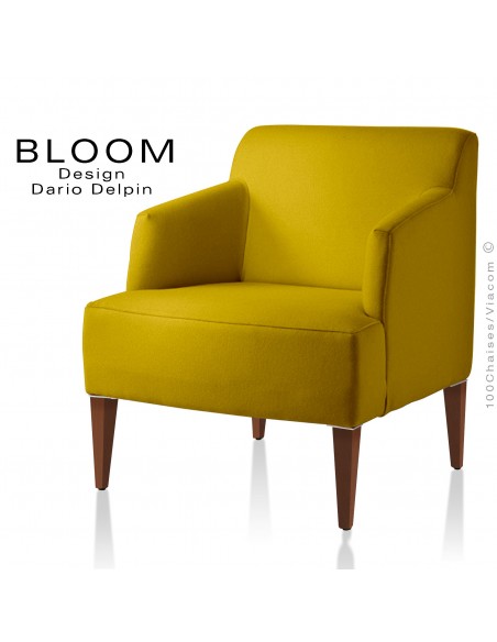 Fauteuil pour salon lounge BLOOM, structure bois noyer, assise et dossier garnis, habillage 100% laine, jaune