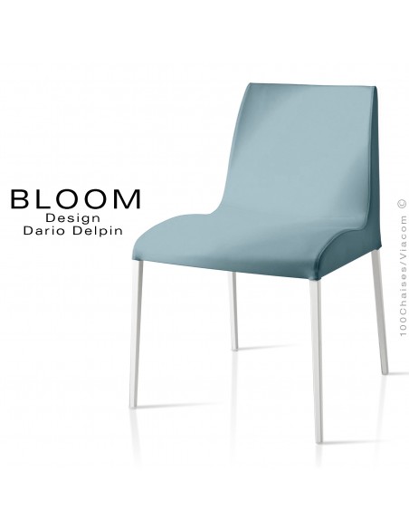 Chaise confort BLOOM, piètement peint blanc, assise et dossier garnis, habillage 100% laine, bleu