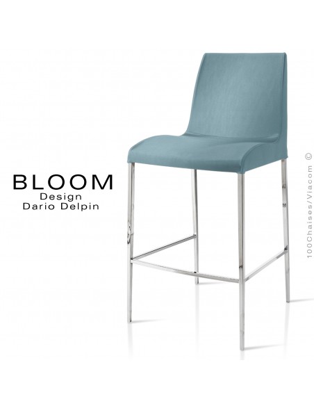 Tabouret de bar lounge BLOOM, structure acier chromé, assise et dossier garnis, habillage tissu bleu