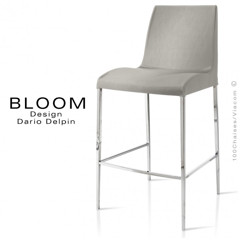 Tabouret de bar lounge BLOOM, structure acier chromé, assise et dossier garnis, habillage tissu gris